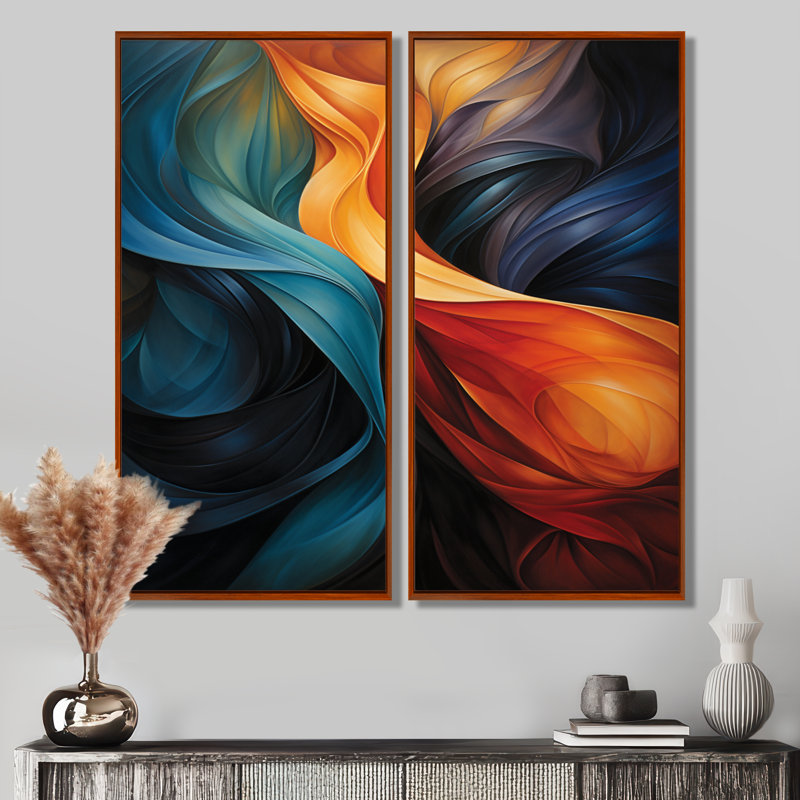 «Retro Blue Orange Liquide Streams - Waves», impression sur toile abstraite sarcelle 2 pièces, H 32 po x l 32 po, Brun