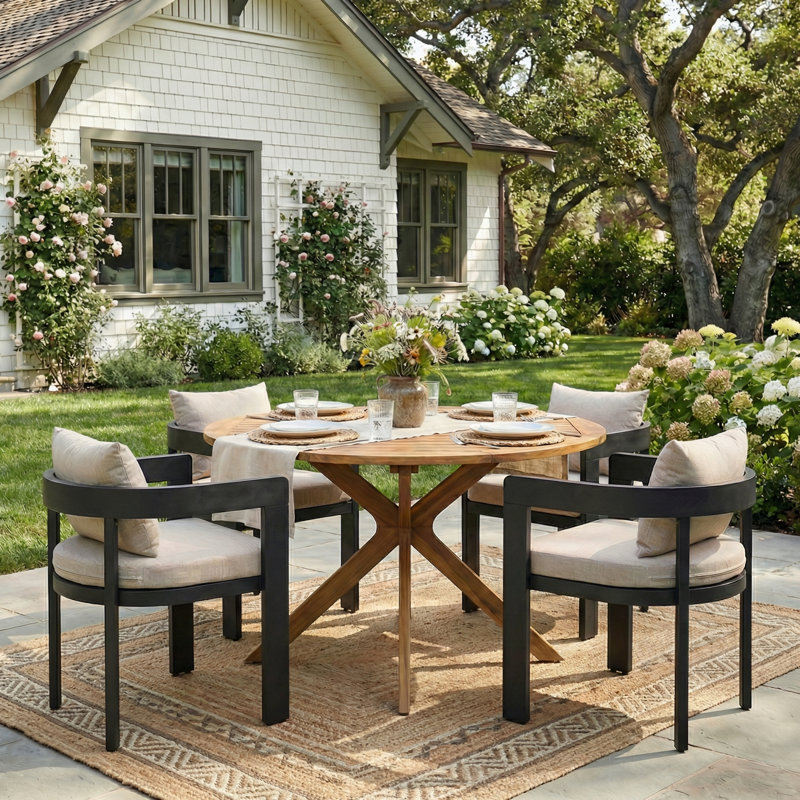 Renaud Industrial Modern Aluminum Outdoor Dining Set With Cushioned Chairs And  Acacia Wood Round Slat Table