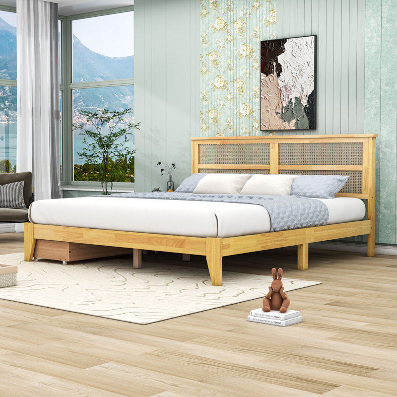 Lit plateforme en bois avec tiroirs de rangement et tête de lit, Très grand, Chêne blanc