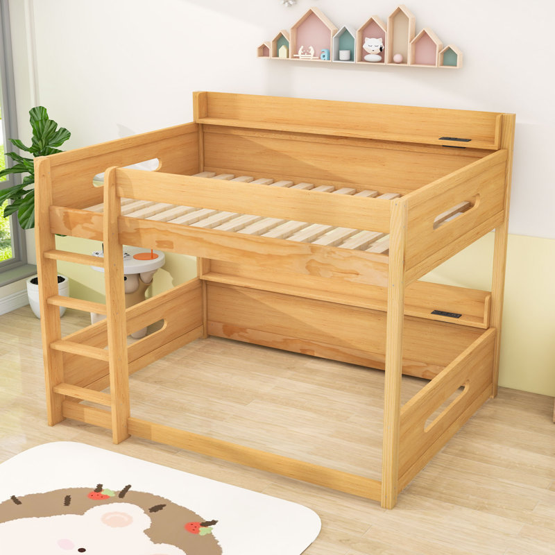 Queen Over Queen Wood Bunk Bed With Charging Station, Storage Shelves And Ladder, Wood