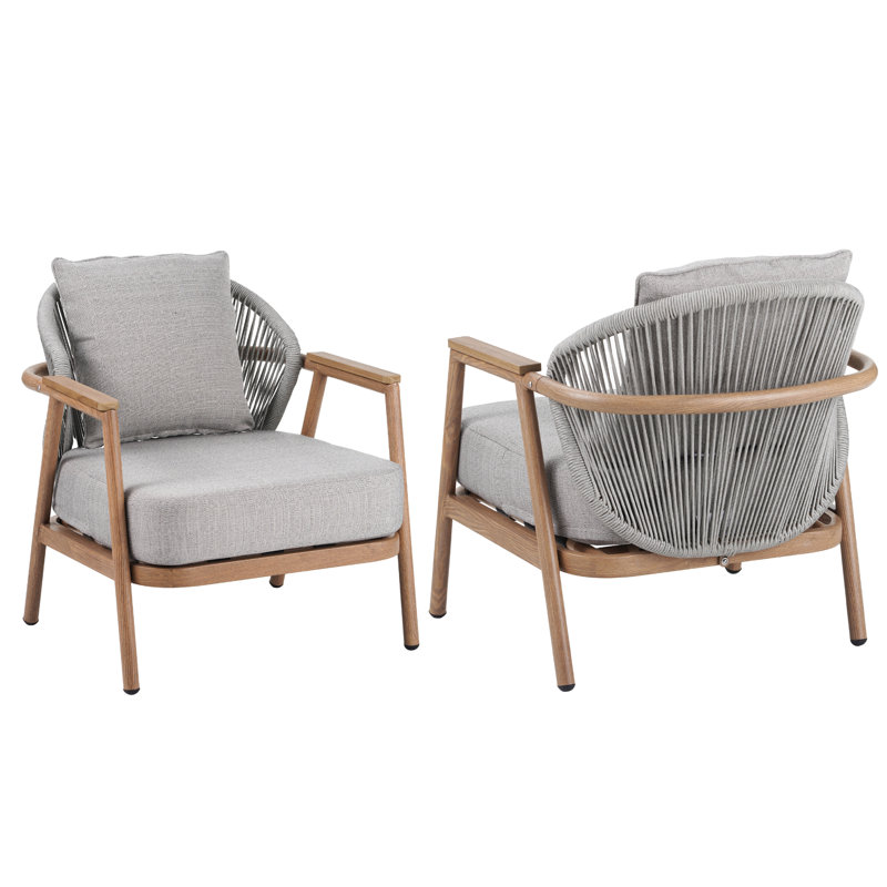 Fauteuil club d'extérieur en corde avec coussin texturé, ensemble de 2, Taupe, Teck
