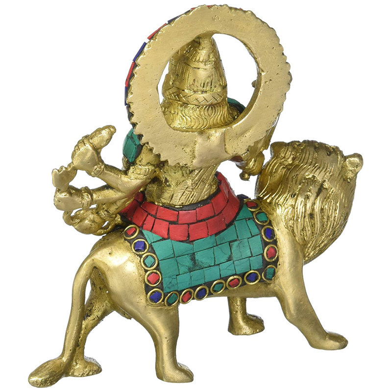 Brass Durga on Tiger Statue with Turquoise Coral Inlay, 6 in. Tabletop Hindu Goddess Figurine for Home Altar & Meditation Room