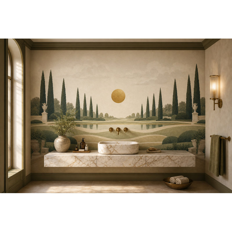 Papier peint mural paysage, jardin formel, villa méditerranéenne, 160"x108", Non-Woven Nonpasted