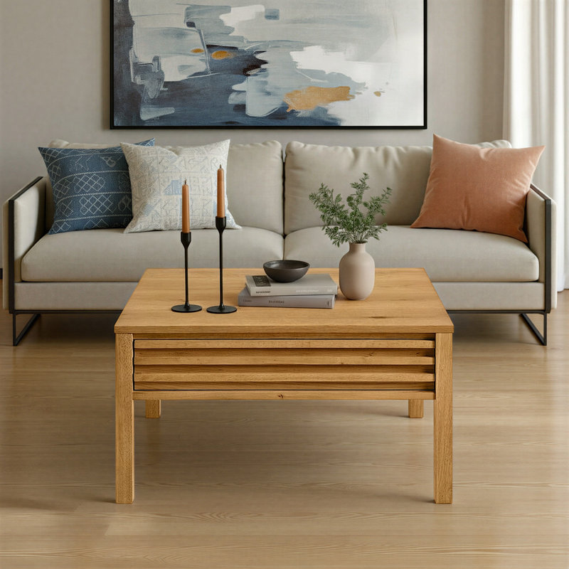 Charnay 32” Square Wood Coffee Table With Dual Drawers, Light Oak