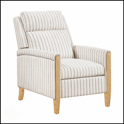 Classic Farmhouse Style Push Back Reclining Chair With Solid Wood Frame And White-Gray Striped Fabric Upholstery For Comfortable Living