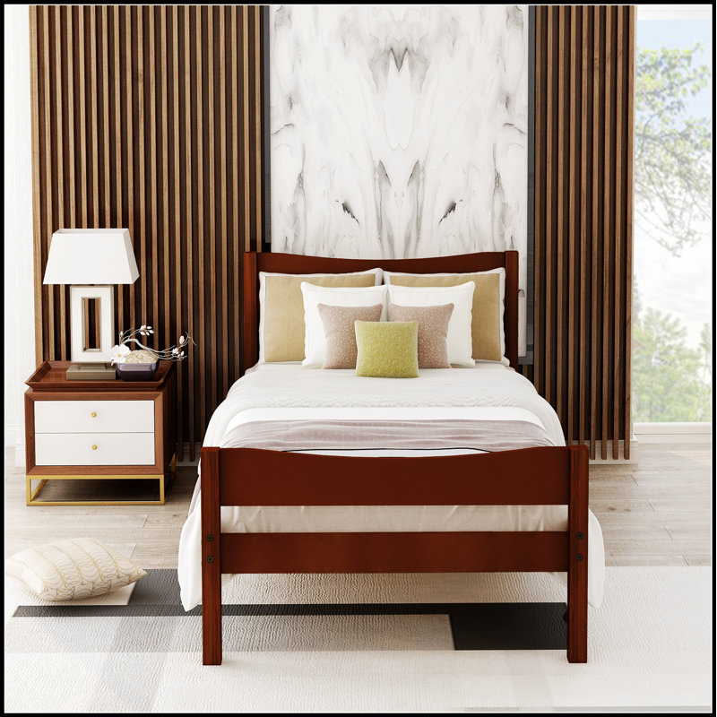 Lit plateforme en bois avec tête de lit, support en lattes de bois et finition naturelle élégante pour un sommeil confortable et élégant