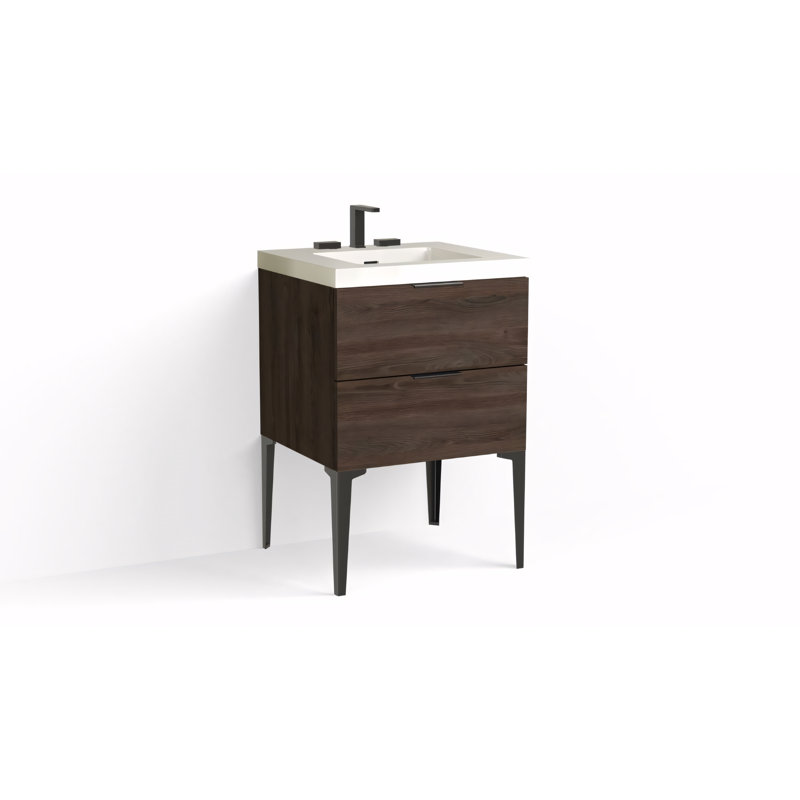 Avila 24" W Freestanding Single Bathroom Vanity with Dean Leg, Gloss White/8" Widespread, Charred, Matte Black