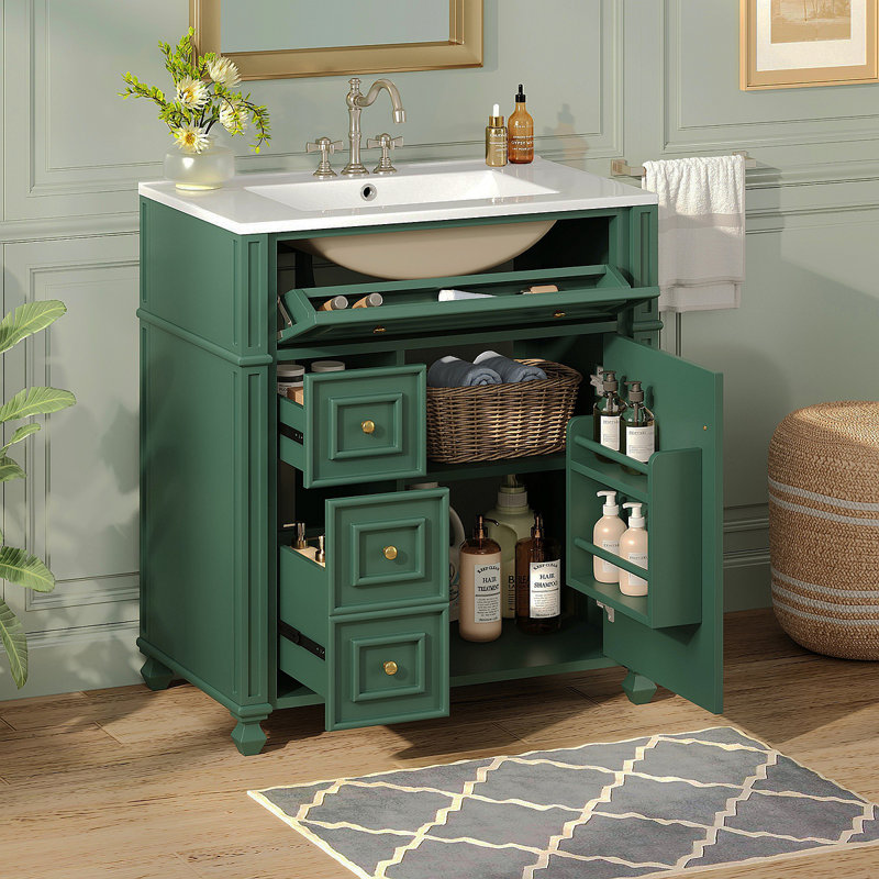 Meuble-lavabo de salle de bain avec lavabo en céramique, 30 po, armoire de rangement avec portes à fermeture en douceur et organisateur de porte