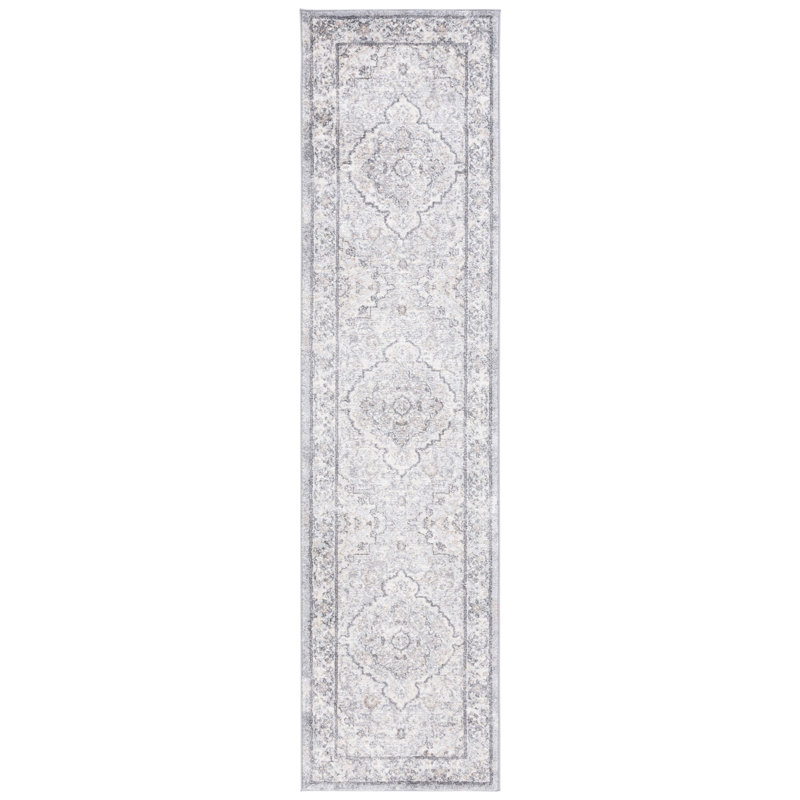 Tapis oriental ivoire / gris en polyester tissé à la machine Hka, Tapis de couloir 2 pi 3 po x 9 pi