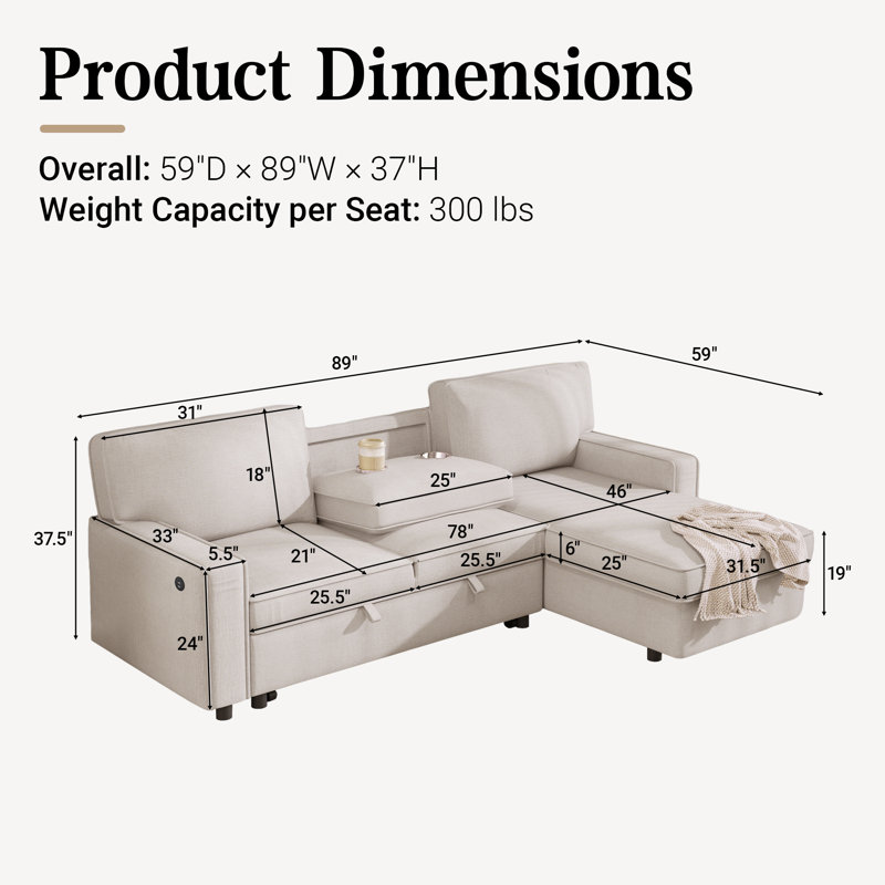 89" Pull-Out Sleeper Sectional Sofa with Reversible Storage Chaise, USB, Cup Holders