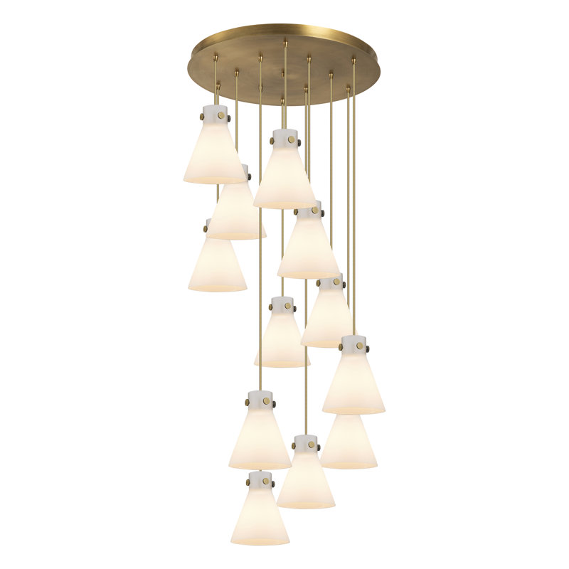 Luminaire suspendu 12 lumières Amrith, Laiton brossé, Blanc