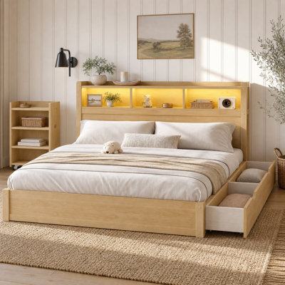 Elvara King Size Wood Platform Bed with LED Storage Headboard, 2 Drawers, Pull-Out Storage Cabinet & Reversible Layout