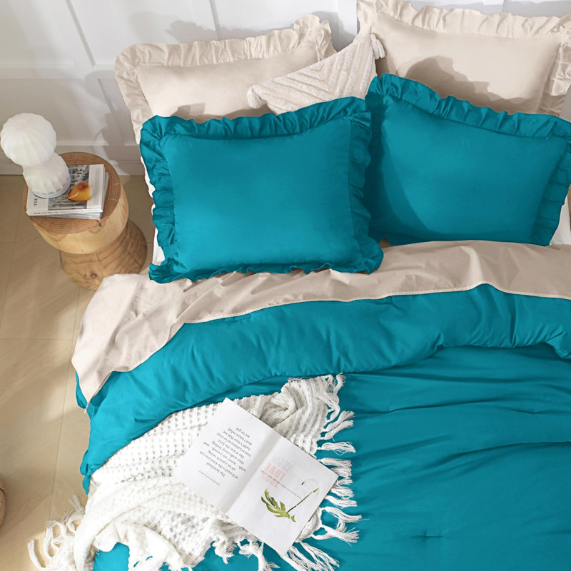 Andency Oversized King Ruffle Comforter Set 120x120, 3 Pieces Turquoise Lightweight Fluffy Super King Bedding Set, Shabby Chic Famhouse All Season Bed Set for Girls Women