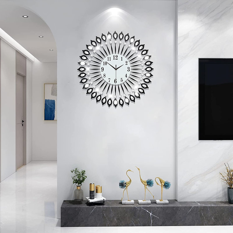 Horloge murale en cristal noir 24 pouces, Argent