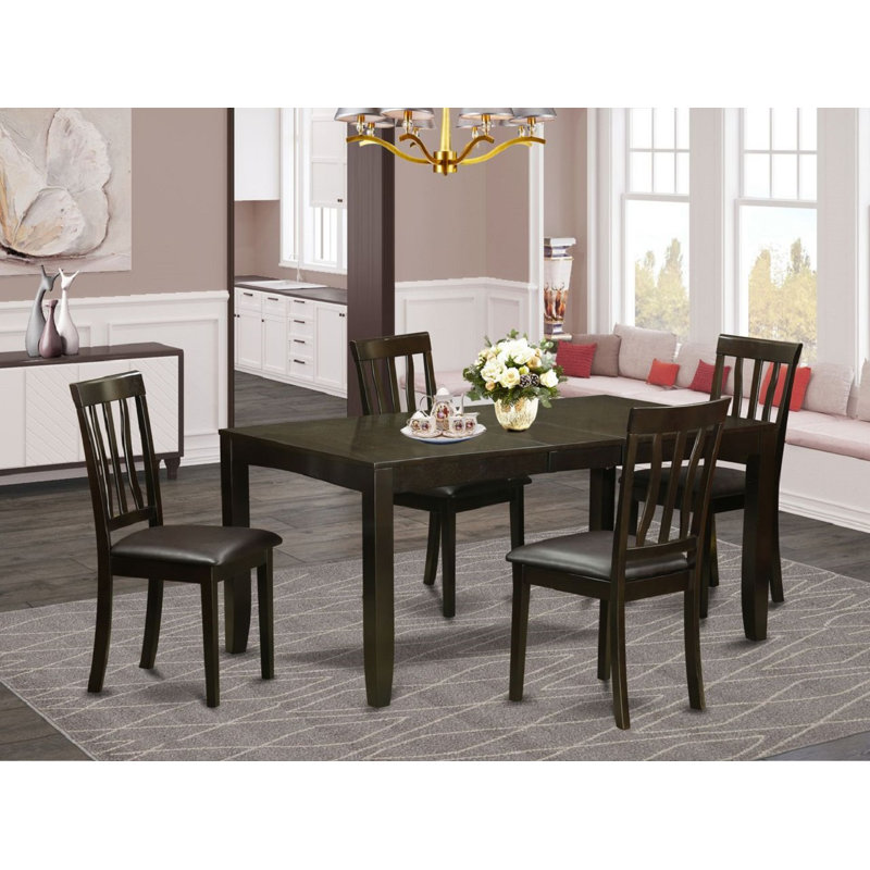 Ensemble de table de salle à manger 5 pièces moderne comprenant une table rectangulaire en bois avec feuille papillon et 4 chaises de cuisine en similicuir, cappuccino