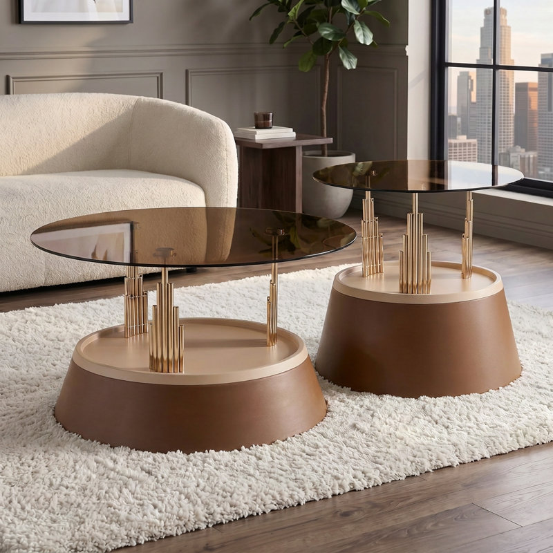 Ensemble de 2 tables basses gigognes transparentes en verre trempé pour le salon, Brown+Gold