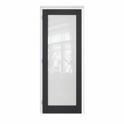 Porte pré-suspendue en verre givré noir 24 po x 1 po 24 po x 1 po avec charnières argentées, dalle de porte d'intimité en verre avec cadre, insonorisant et imperméable, combinaison pour la lessive, portes de placard, portes de pièce, main gauche
