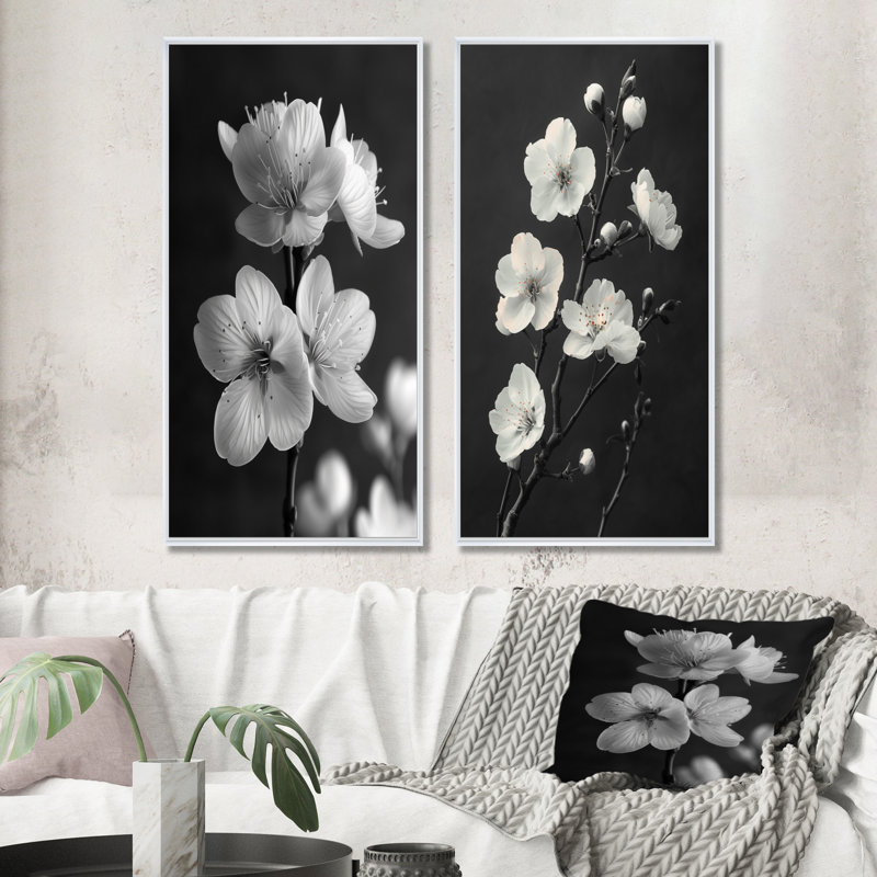 Ensemble de 2 pièces d'art mural cerisier en fleurs noir et blanc, H 28 po x l 24 po, Impression encadrée, Blanc