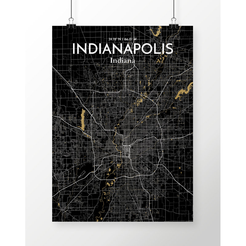 «Indianapolis City Map», reproduction d'impression sur affiche en noir, H 24 po x l 18 po