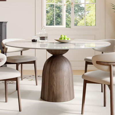 Modern Round Dining Table with Premium Sintered Stone Tabletop & Sturdy Solid Wood Pedestal Base for 2-6 Seats