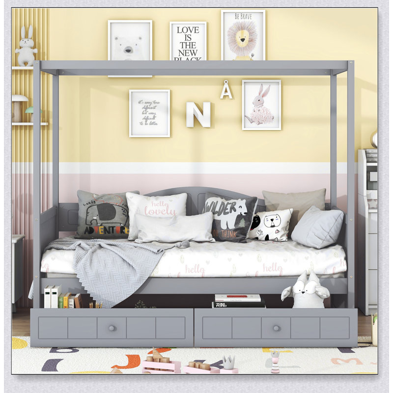 Canopy Day Bed With 2 Drawers, Gray