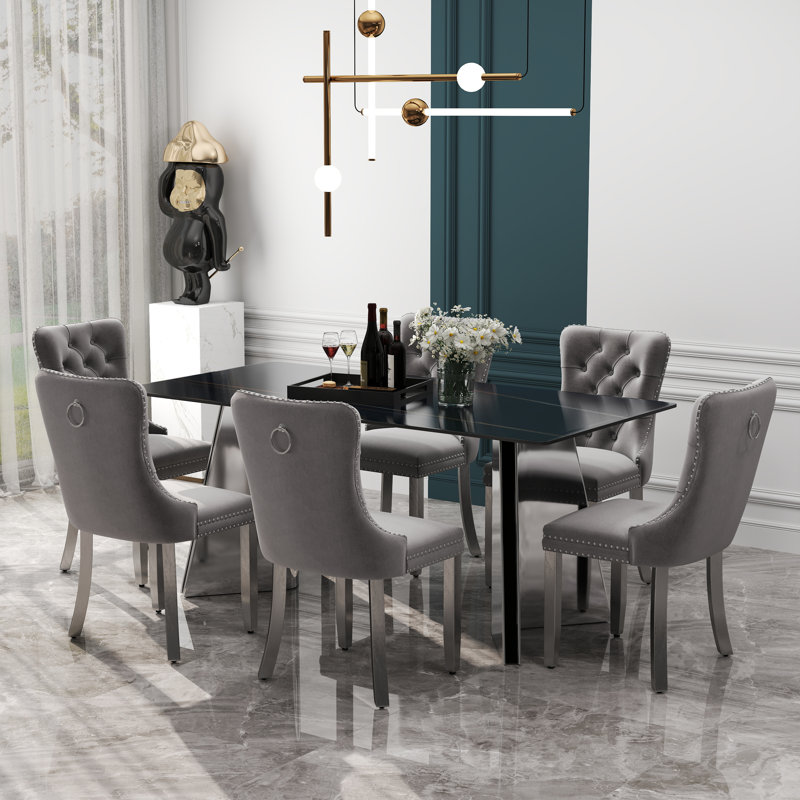 Rectangle Double Pedestal Dining Set with Tufted Dining Chair, 7, Silver, Gray
