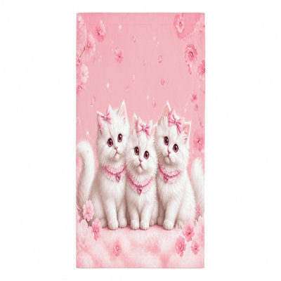 1 pièces adorables chatons blancs avec des nœuds roses et des fleurs, serviette de plage mignonne, conception de chat moelleux pour la piscine d'été, voyage, bain, unisexe