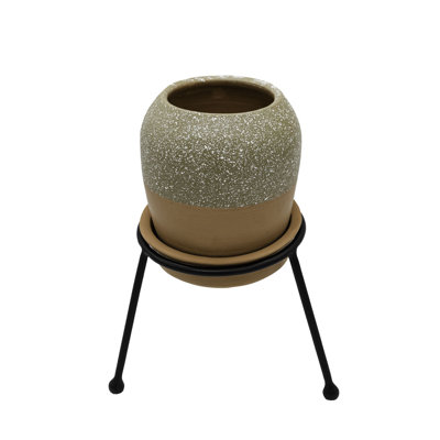 Foreside Home & Garden Splatter Planter, Saucer & Stand Black Metal & Tan Terracotta