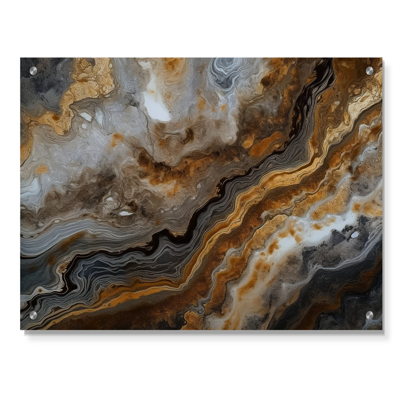 Or et gris, effet de marbre I - art mural acrylique abstrait en marbre, H 12 po x l 20 po