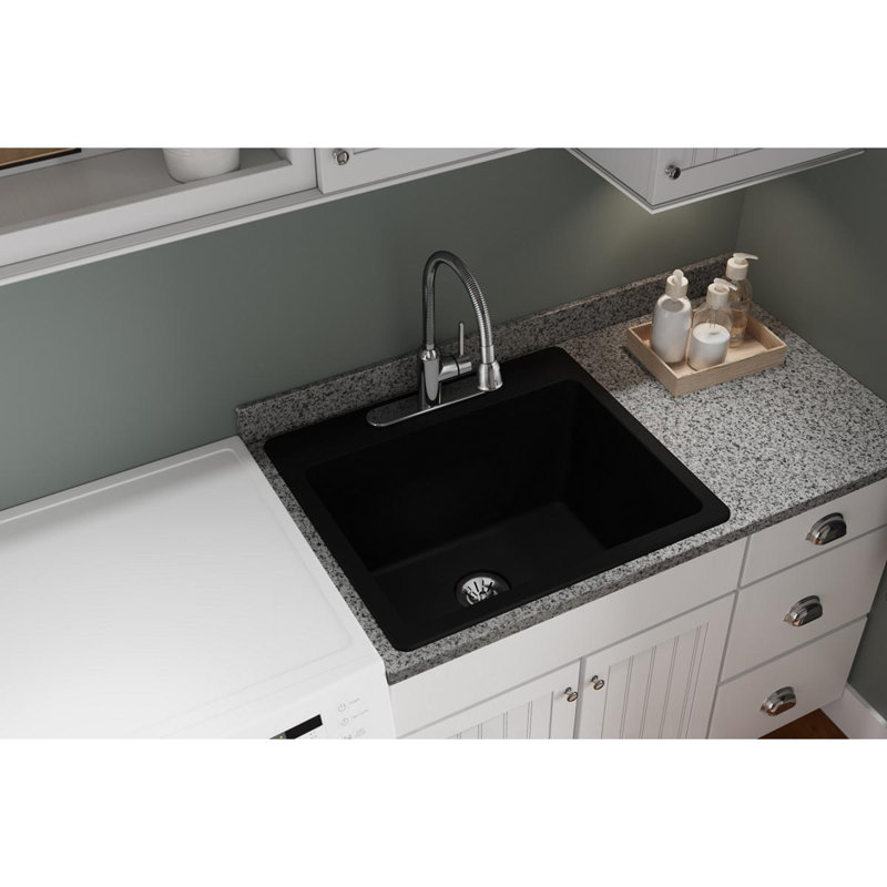 Quartz Classic 25" x 22" x 11-13/16" Drop-In Laundry Sink with Drain Assembly and Basket Strainer, Black