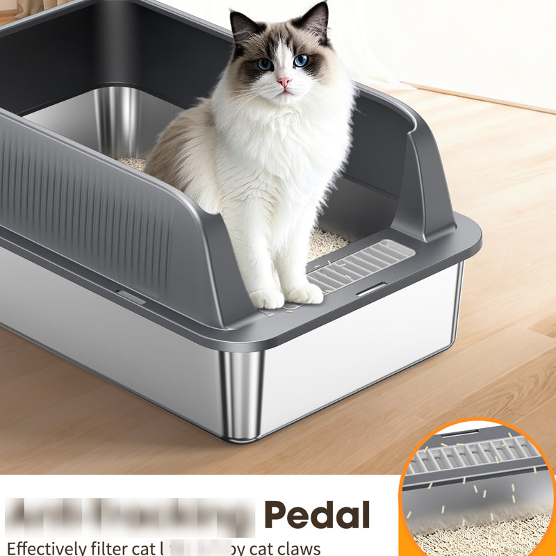 Bac à litière en acier inoxydable avec conception à côtés hauts pour la prévention des fuites, rangement facile à accrocher, odeur, fabrication, couleur brun cendre, profondeur de 23,48 po, largeur de 14,86 po, hauteur de 10,53 po avec
