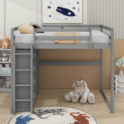 Lit mezzanine double en bois avec garde-robe intégré, tablettes et éclairage DEL