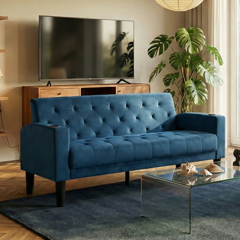 Sofa Seats Modern Style Comfy Small Sofa with Pocket Storage 2 USB 2 Cup Holders Upholstered Couch for Living Room Bedroom Office