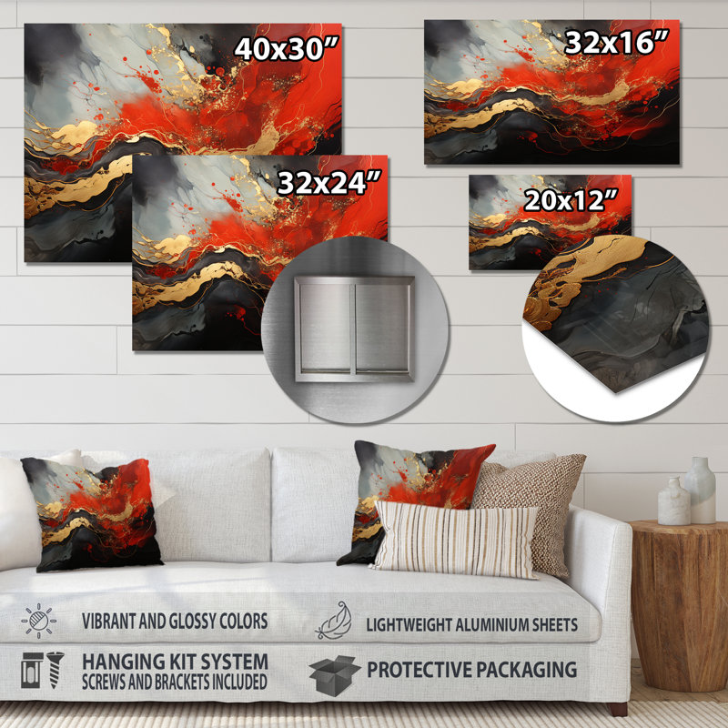 Rouge et or feu de marbre I - art mural abstrait en métal MT137134, H 12 po x l 20 po x P 1 po