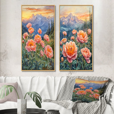 Golden pivoines dorées dans la montagne I - collection d'art mural floral 2 panneaux