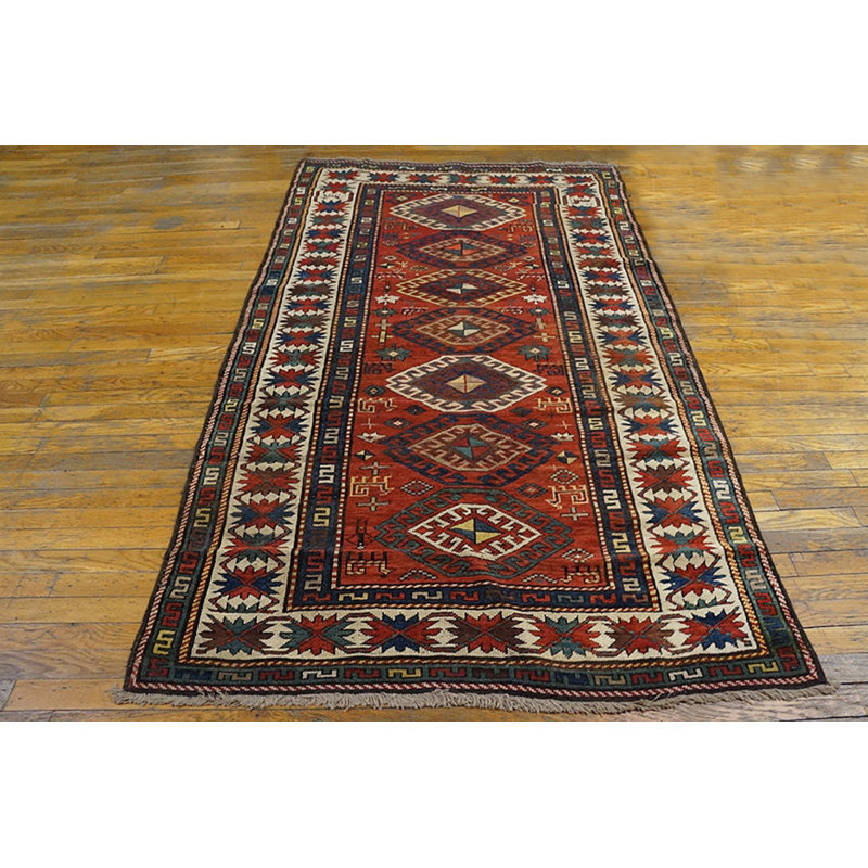 Antique Tribal Geometric Colorful Caucasian Kazak Rug