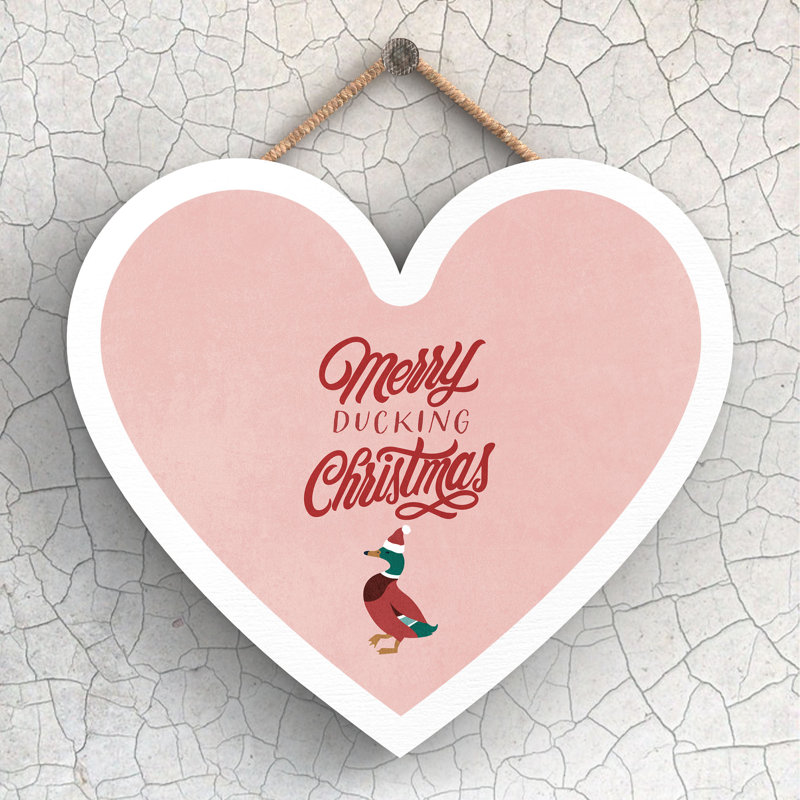 Xmas Merry Ducking Christmas Wooden Heart Plaque, 16cm H x 17cm W x 0.9cm D