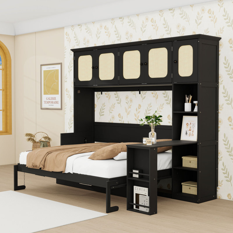 Lit escamotable double en bois avec armoires, bureau et lattes, Black