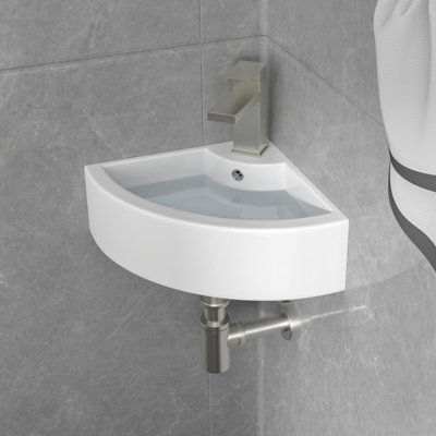 18" x 13" Corner Wall Mount Bathroom Sink White Ceramic Triangular Floating Vessel Sink with Overflow
