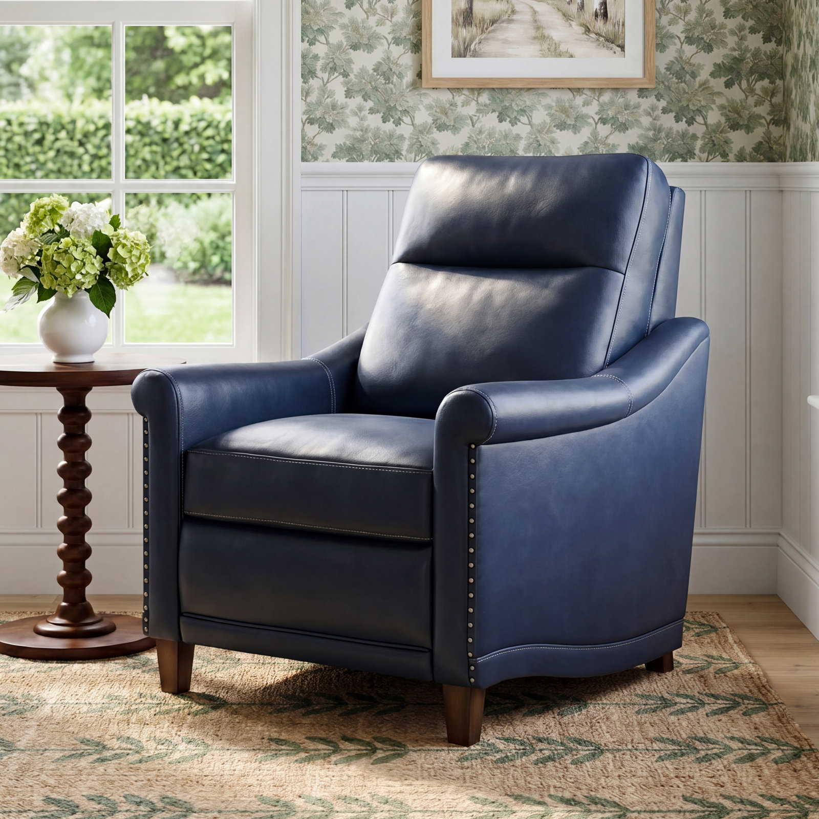 Elizabeth Genuine Leather Recliner, Blue Genuine Leather