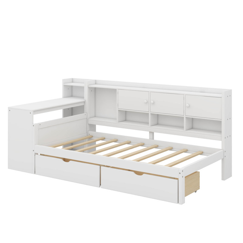 Lit de jour simple en L en bois avec sept armoires de rangement et deux tiroirs, lit multifonctionnel avec bureau d'étude et rangement de livres intégré