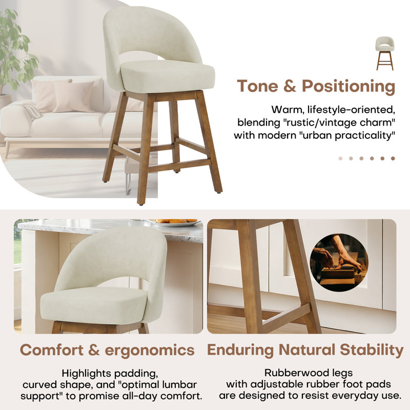 360° Rotating Hollow Back Bar Stool, Made Of Rubberwood With A Load-Bearing Capacity Of 160 KG, Beige