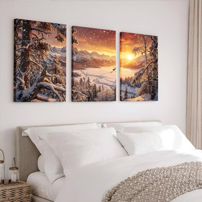 Winter Sunset Art Canvas Wrapped Wall Art Oil Painting Print Set Of 3 For Living Room Bedroom Home Decor