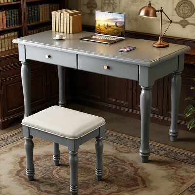 Modern Minimalist Gray Solid Wood Office Desk Set With Dual-Drawer Storage, Includes Stool