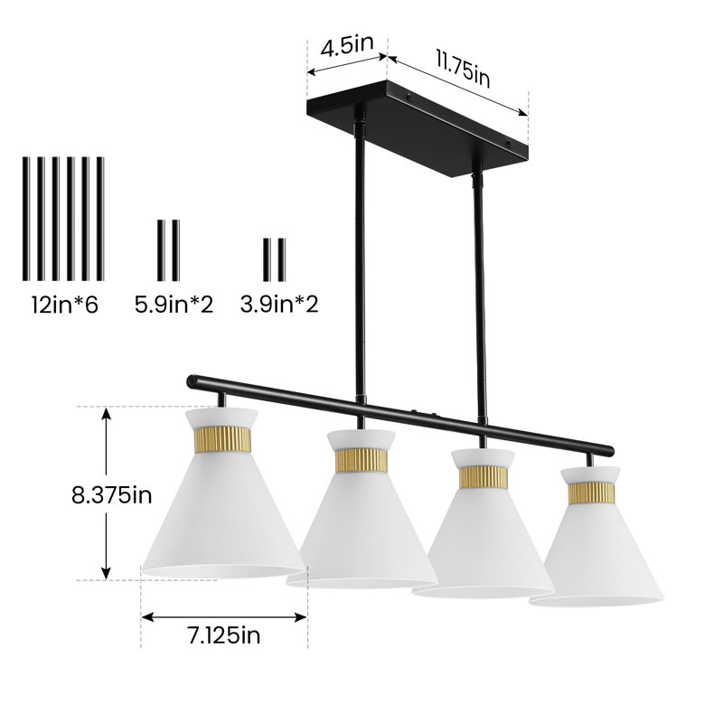 Luminaire suspendu linéaire à 4 lumières avec abat-jour en verre blanc laiteux Undercliff, Noir mat