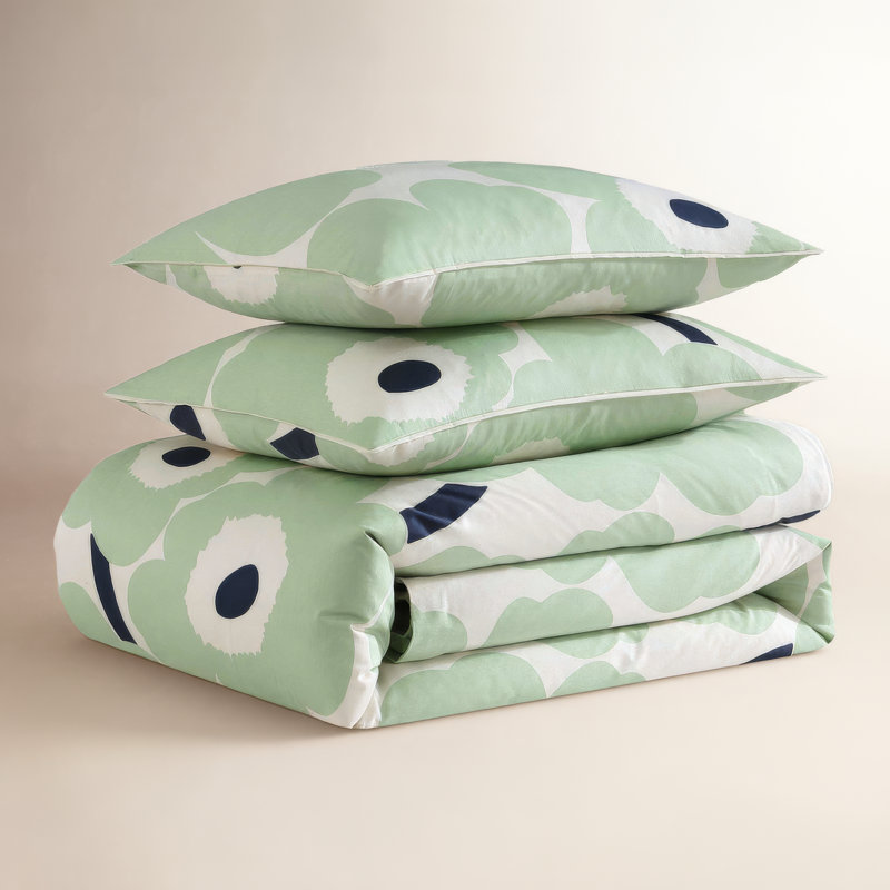 Unikko Orange/Green/White Organic Cotton Duvet Cover Set, Queen Duvet Cover + 2 Standard Shams, Green/Black/White