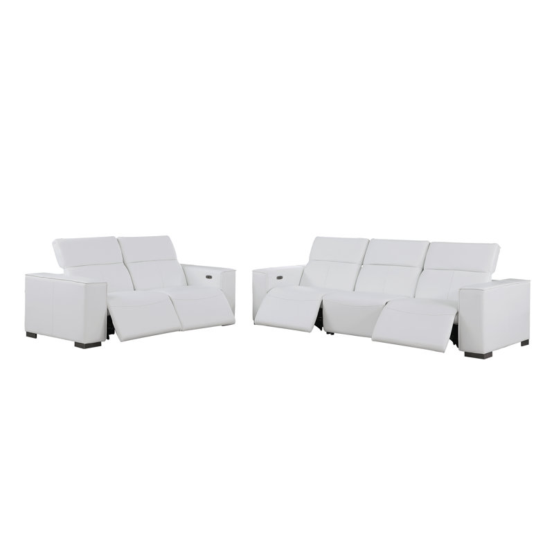 Ensemble de canapé et causeuse inclinables luxueux modulable électrique - Cuir véritable avec appuie-têtes électriques, Blanc