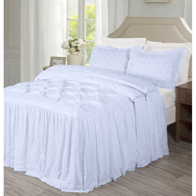 Aria French Country Chic Pinch Pleat Pintuck Ruffle Skirt Bedspread Set, Queen Bedspread + 2 Standard Shams, White