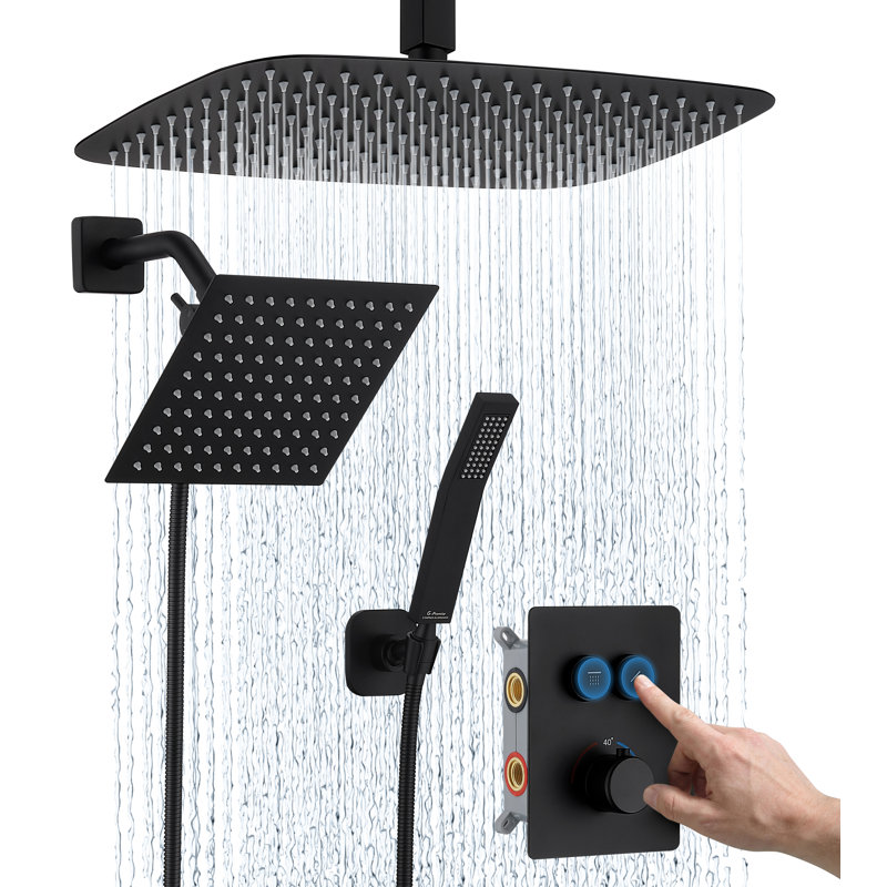 G-promise Thermostatic Shower Faucet Set, 16 Inches Ceiling Mount Rainfall Shower Head & 8 Inches Wall Mount Unit, Push Button Diverter For Easy To Use