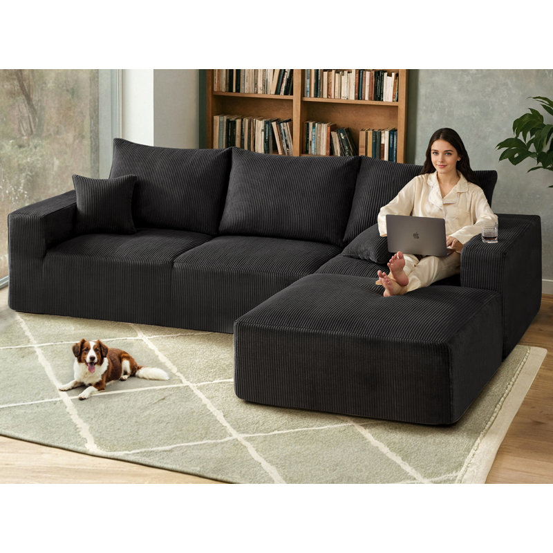 Boneless 113''Free Combination Sectional-No Assembly Required Sofa, 3 Seat Sleeper Sofa Bed Couches, Black Corduroy